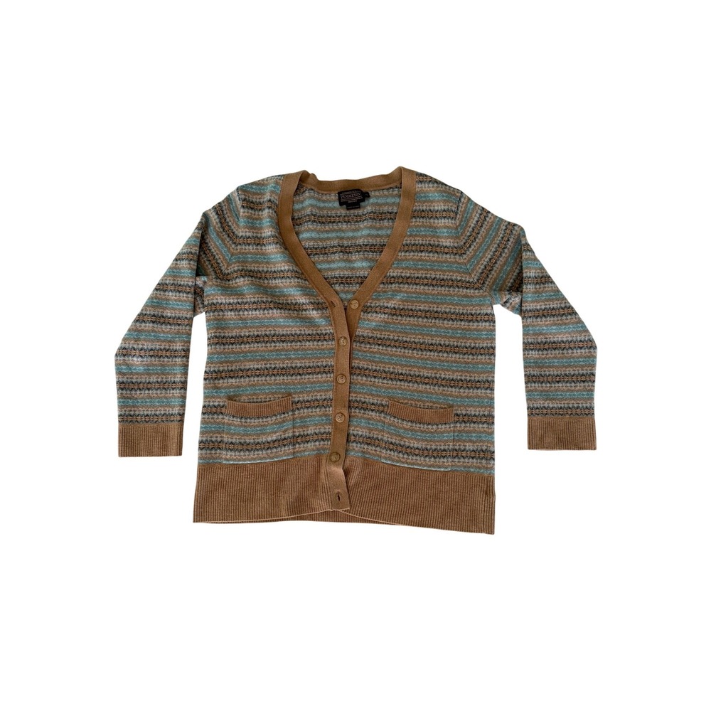 Pendleton Womens XL Merino Wool Fair Isle Cardigan Sweater Turquoise Tan Brown